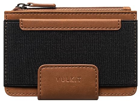 VULKIT Mens Credit Card Holder Slim Passcass Wallet Hunter Leather RFID Blocking Minimalist Card Wallet with ID Window Zipped Coin Pocket & Magnetic Closure