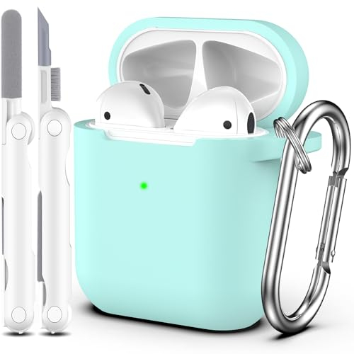 R-fun compatibile con AirPods 2 generazione 2019 Custodia, 1 gen 2016 Custodia con kit di pulizia e portachiavi, morbida custodia protettiva in silicone per Apple AirPods,Azzurro