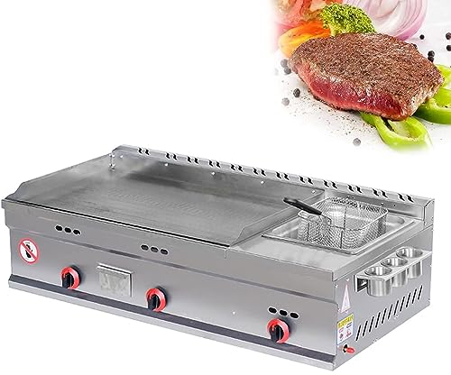 HSRG Commercial Countertop Gas Griddle, Stainless Steel Cooking Flat Hotplate BBQ Grill with Adjustable Temperature, Large Capacity Teppanyaki and Deep Fat Fryer, Kitchen LPG Gas Grill