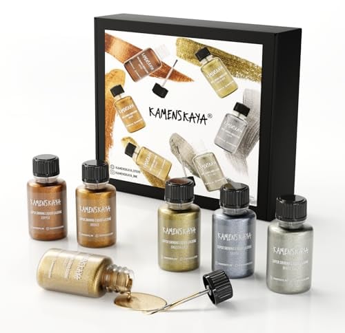 KAMENSKAYA Liquid Leaf Paint Set: Alkoholbasis, schnell trocknend, flüssige Vergoldung: sattes Gold, englisches Gold, Weißgold, Bronze, Kupfer, Silber, 6 Stück je 20 ml