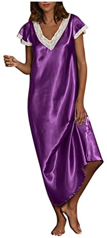 Chemise de Nuit Femme Satin Dentelle Pyjama Sexy à Col en V Profond Robe Longue Couleur Unie Grande Taille Manches Courte Robe de Nuit Coquin Nuisettes Pleine Slip Chemises Nuit Femme