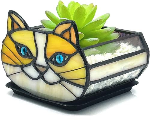 Entlityful Petit pot de fleurs en verre teinté jaune en forme de chat pour plantes d'intérieur - Décoration pour rebord de fenêtre - Convient pour la culture de petites plantes (pot de fleurs non