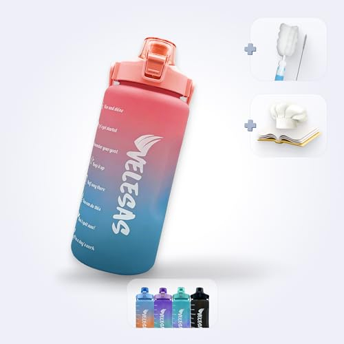 Velesas® 2l Wasserflasche mit motivierender Zeitmarkierung | Trinkflasche aus Tritan mit Strohhalm | Sportflasche für Schule, Job, Fitnessstudio, Büro, Fahhrad, Wandern (Rosa/Blau, 2000ml)