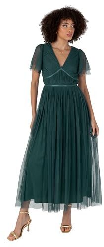 Anaya with Love Women's Ladies Midaxi Dress V-Neck Short Flutter Sleeve Ribbon A-line Tulle for Bridesmaid Wedding Guest Prom Ball Gown Emerald Green 20