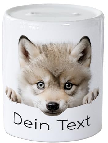 GRAZDesign Spardose Baby Wolf mit Name personalisiert, Geldgeschenk für Mädchen und Jungen aus Keramik