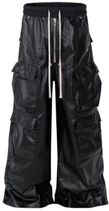 JKUIVE Mens Wide Leg Matte Pu Leather Pants Straight Casual Baggy Pockets Drawstring Trousers Black