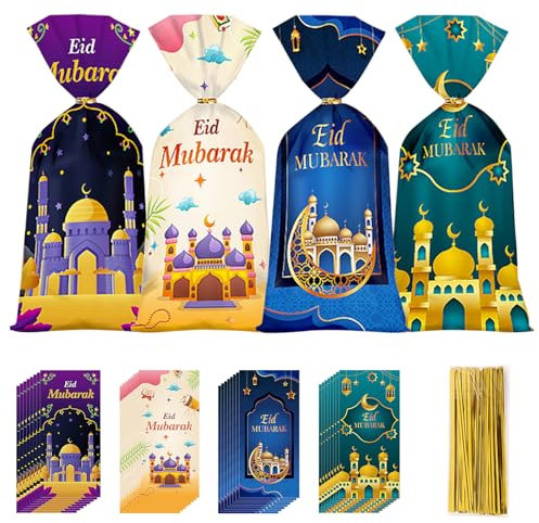 100 Stück Ramadan Tüten zum Befüllen, Bayram Geschenke Tüten, Eid Mubarak Dekoration, Geschenktüten Ramadan Kindergeburtstag, Ramazan Dekor, Geschenktasche Zellophan mit Gold Krawatten Partytüten Deko