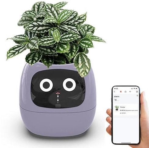 Pots de fleurs intelligents, pot de fleurs intelligent avec 7 capteurs intelligents, puces AI, écran LCD, heure, date, affichage météo, contrôle par application, rend l'élevage des plantes de jardin (