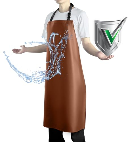 Vammcht Waterproof Apron with Comfortable Adjustable Bib Rubber Vinyl Dishwasher Heavy Duty Apron for Men Women Dishwashing, Brown, Universal