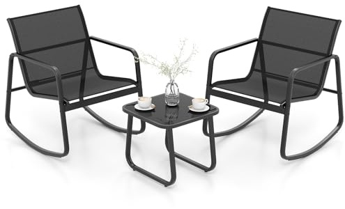 COSTWAY Mesa y Sillas Terraza, 2 Mecedoras de Bistró y 1 Mesa Baja con Tapa de Vidrio, Tela Textilene, Conjunto Jardin Terraza Exterior Balcon, Juego de Mecedora (Negro)
