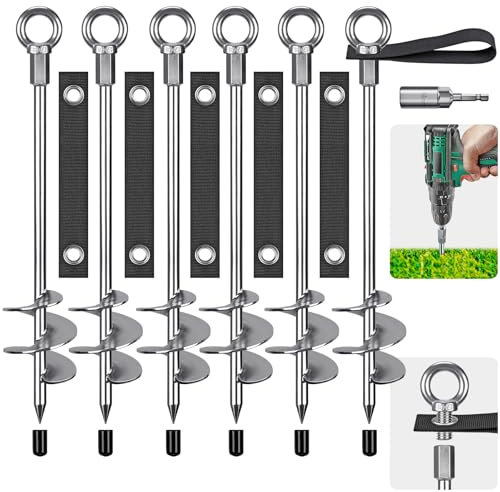 Insaga Piquet de Tente, Sardines de Fixation Lourd Ancrage de Terre Métallique, 45cm Lame Spirale Vissée dans Trampolines Kit pour Balançoire/Camping/Chien/Abri de Coiture avec Sangle Boucle Fixe,6pcs