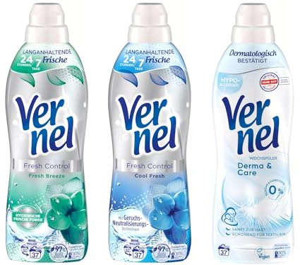 VERNEL Weichspüler-Set 3x 37 Waschladungen (111WL) Fresh Control 1x Cool Fresh & 1x Fresh Breeze &1x Derma & Care, sorgt für unwiderstehliche Weichheit, recycelbare Flasche