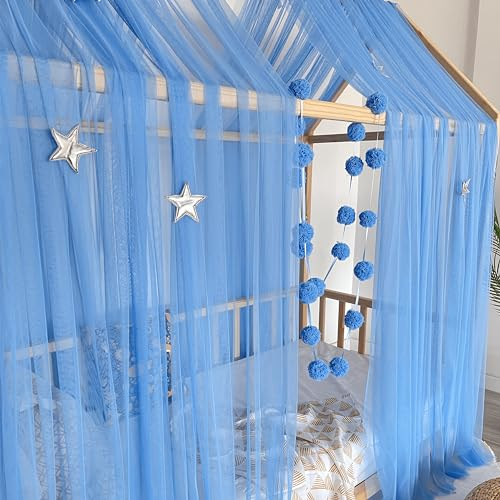 Baby Fancyroom Hausbett Himmel blau Betthimmel Deko Set Kinderzimmer Kinderbett Baldachin Pompongirlande aus Premium Tüll für Hausbetten (340cm)