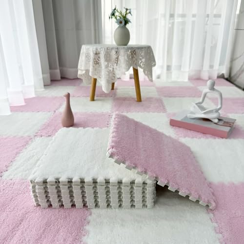 10 Stück Flauschige Ineinandergreifende Teppichfliesen Mit Bordüre, Spielmatte, Plüsch-Puzzle-Schaumstoff, Quadratische Bodenmatten, Bodenschutz(Size:0.23 inch,Color:Weiß+Rosa)