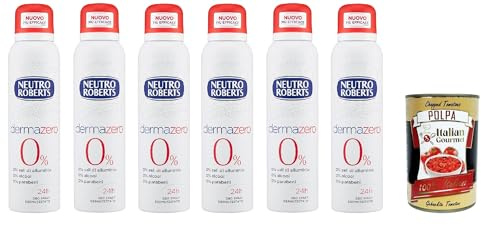 Neutro Roberts, Dermazero Deodorant Spray, Zero Alkohol, keine Flecken, mit reinem Glycerinöl, Deodorant für Damen und Herren, dermatologisch getestet, 6x 150 ml, 48h + Italian Gourmet polpa 400g