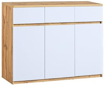 MINIO go for it - Kommode mit 3 Schubladen und 3 Türen 120 cm Breit, Komodenschrank für Wohnzimmer, Büro, Schlafzimmer, Flur, ARCCA Serie - Kommode Weiß/Wotan Eiche - B:120cm x H:94cm x T:40cm
