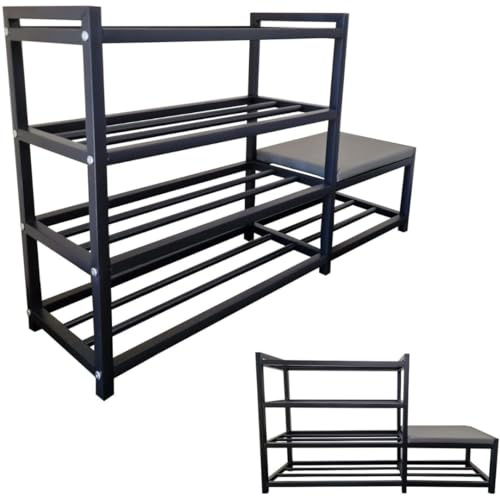 Maka Schuhregal Platzsparend, Schuhregal Mit Sitzbank Metall Schwarz, Shoe Rack Outdoor Wetterfest, Schuhbank mit Sitzfläche, Schuhbank Schwarz (128 cm)