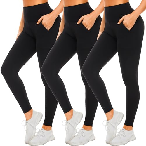 MOREFEEL 3er Pack Leggings Damen mit Tasche High Waist Leggins Elastische Blickdicht Leggings Sportleggins für Yoga Fitness Gym(3 Schwarz L-XL)