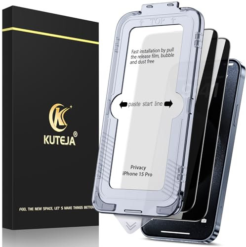 Kuteja [2 Pièces] Verre Trempé Anti-Espion pour iPhone 15 Pro 6,1 Pouces, [Dépoussiérage Automatique] 9H Premium Intimité Couverture Complète Verre de Protection écran Privacy Film, Sans Bulles