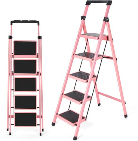 Faltbare Tritthocker-Leiter, Mehrzweck-Trittleiter mit Anti-Rutsch-Pedal, zusammenklappbarer Stabiler Tritthocker mit Werkzeugablage, tragbare Stahlleiter für Erwachsene, für Zuhause, Küche (Pink C)