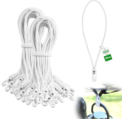 SUPAWAY 100 Piezas Goma tensora con Gancho 25 cm Expansor elástico con Gancho Ø 4 mm Blanco Cordón elástico con Extensor de Goma Tensor Multifuncional para Lonas, Camping, pabellones, Tiendas y más