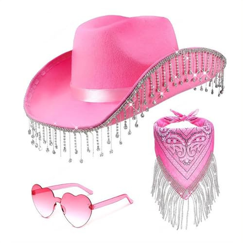 Generisch Lot de 2 chapeaux de cowboy + bandana pour femme - Large bord - Style occidental - Paillettes - Chapeaux de cowgirl et écharpe à pompons - Pour fête - Costume de cowgirl - Chaud, d-rose