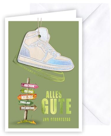 KE - Premium Grußkarte Happy Birthday mit Schuh und Wünschen - Weiß - Folienveredelung - Holzteil an Juteband