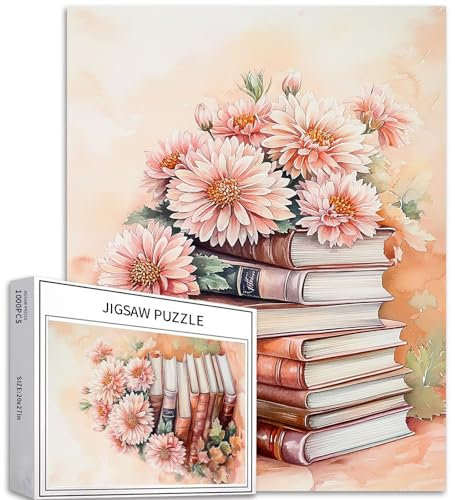 Stacked Books Casse-tête de 1 000 pièces pour adultes - Scène de fleur rose - Puzzle coloré à faire soi-même pour la décoration de la maison, cadeaux, puzzle familial parfait pour les soirées de jeu,