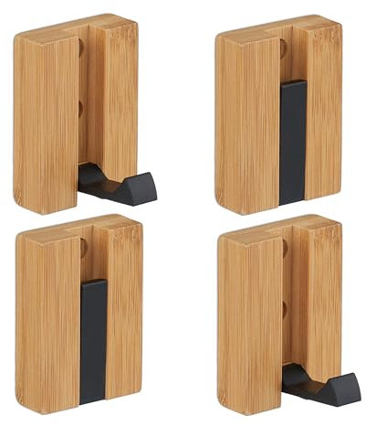 Relaxdays Garderobenhaken, 4er Set, klappbare Haken, Bambus, Metall, zum Bohren & Kleben, Kleiderhaken, Natur/schwarz