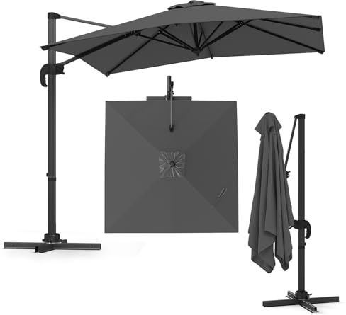 GOPLUS Parasol de Jardin Exterieur, Parasol Déporté 2,5x2,5 M avec 5 Inclinaisons Réglables, Rotation à 360°, 8 Baleines, Protection Solaire, pour Balcon Patio Marché (Gris)