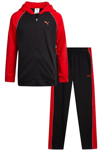 Puma Trainingsanzug-Set für Jungen – 2-teiliges Fleece-Kapuzen-Sweatshirt mit Reißverschluss und athletischer Jogginghose für Jungen (Größen 36-44), Schwarz/Rot, 14-16
