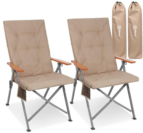 Homecall Campingstuhl Faltbar 150kg Belastbar Hochlehner Luxus Klappstuhl Camping Stuhl mit 3 Positionen Verstellbar mit 4,5cm Dicke Gepolstert Angelstuhl für Garten Balkon Wohnmobil (2, Khaki)