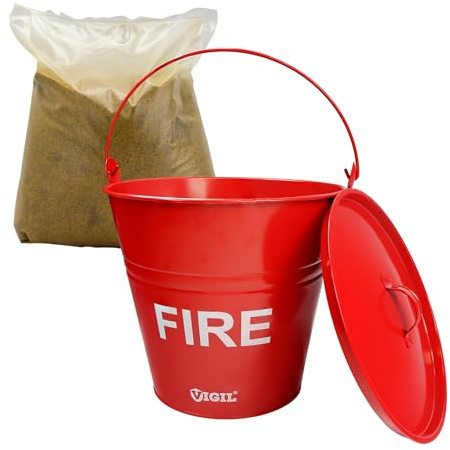 Vigil Fire Safety Kit Bundle - Red Metal Bucket with Lid & 12.5kg Sand Bag | Galvanised Red Metal Bucket, Fast Response Small Fire Suppression, Flammable Liquid Spill Control for Garage & Industrial Use