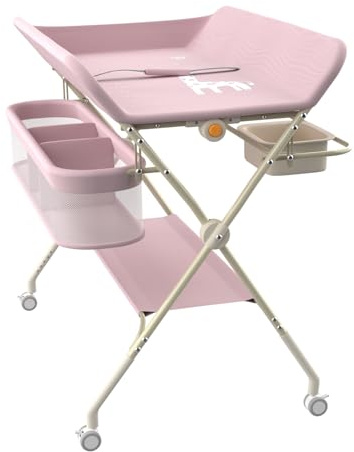 Wickeltisch, 3-in-1, Wickelkommode für Baby, von Geburt bis 12 Monate (bis 25 kg), Wickeltisch, faltbar, tragbar, Wickeltisch für Babys, mit 4 Rollen,75 x 68 x 83–91 cm (Rosa)