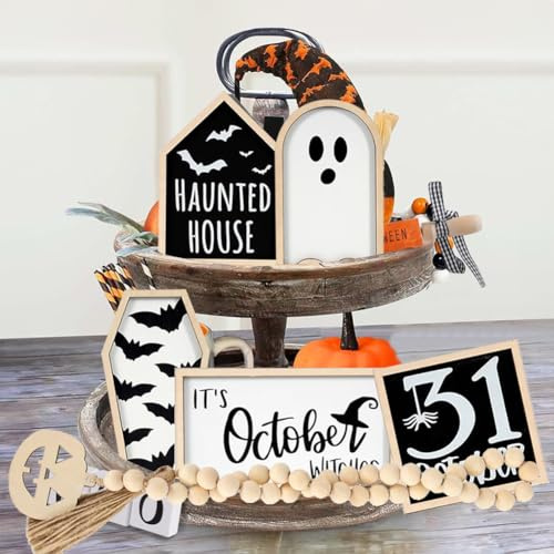 JOYWU Cute Ghost Witch Wooden Table Signs,6 Pcs/Set Halloween Tiered Tray Decor Set with Bat Coffin,Haunted House,Ghost,Witches,October 31 Sign and Bead Garland,Halloween Wooden Signs for Table Shelf