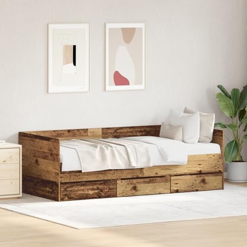 JHQHSM Rustikales Tagesbett aus Altholz MDF 90 x 200 cm mit 3 Schubladen Stauraum Langlebig Modern Vintage Design