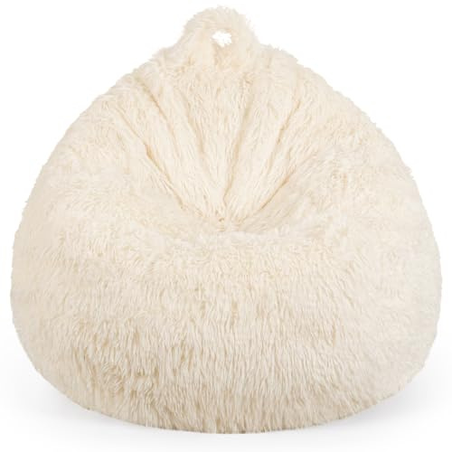 LAHAQIQI Beige Sitzsack-Bezug (Ohne Füllung) – 2-in-1 Kuscheltier-Aufbewahrung für Kinder – Flauschiger Langhaar-Kunstfell Sitzsack (70x80cm / 200L)
