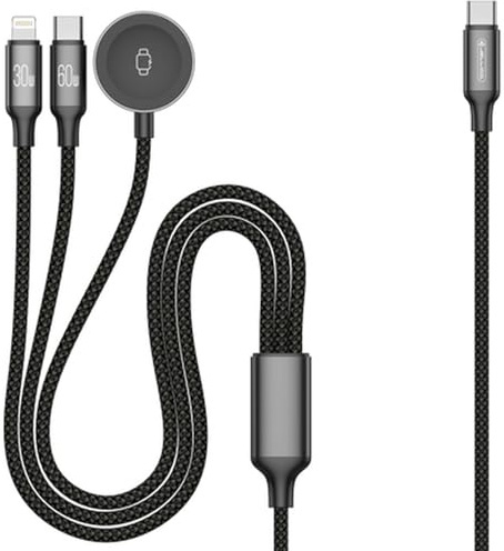 3 in 1 Ladekabel kompatibel mit Apple Watch, iPhone & USB-C Geräte – 1,2m Multi Ladegerät Kabel mit 60W USB-C Power Delivery & 30W Lightning – Schnellladekabel für unterwegs & Zuhause – Schwarz