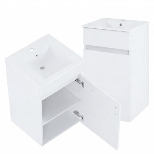 DomoDomo - Badezimmerschrank hängend weiß 45 cm mit Keramik Waschbecken - Badschrank schmal mit Türen und Ablage - Badezimmer Hängeschrank modern für kleine Bäder - Badmöbel platzsparend
