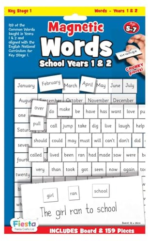 Fiesta Crafts Magnetic Words Years 1 & 2, 160 Word Pieces & Board | 160 Word Pieces & Magnetic Board, Early Development & Learning Toy Age 5+