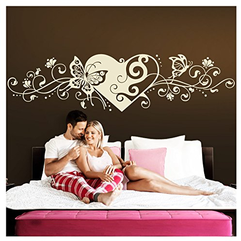 Grandora Wandtattoo Blumenranke Herz selbstklebend I cremeweiß 116 x 29 cm I Schlafzimmer Liebe Love Schmetterlinge Wandtatoo Wandaufkleber Wandsticker W642