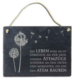 condecoro Schiefertafel Das Leben, Momente die Uns den Atem rauben Schiefer Schild Pusteblume Wandbild 15x20