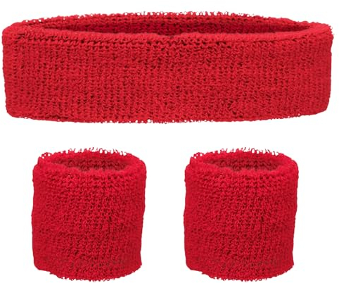 Schweissband und Stirnband Set – Schweißband Neon für 80er Jahre Outfit Damen - Neon Accessoires für Fun Runs Team Building Events Pride Partys Gymnastik Sport Tennis – Stirnband 80er Jahre (Rot)