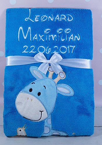 ★ Babydecke mit Namen und Datum bestickt ★ Baby Geschenke ★ Geburt ★ (Blau - Giraffe)