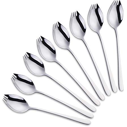 SBOMHS Cuillère Fourchette Couteau 3 en 1 Couteau Camping Couverts,de Plein air Voyage 18/10 Inoxydable, Robuste, léger – Lot de 8 (Argent)