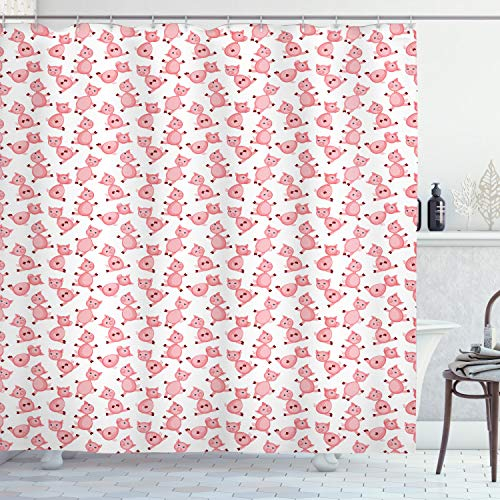 ABAKUHAUS Schwein Duschvorhang, Cartoon Lächeln Tiere, Stoffliches Gewebe Badezimmerdekorationsset mit Haken, 175 x 180 cm, Pale Pink Weiß