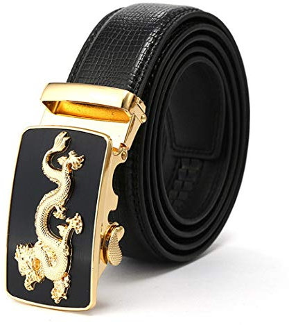 Wunhope Ceinture en cuir pour homme - Réglable avec boucle automatique - Dragon chinois porte-bonheur - Noir, marron - Largeur : 35 mm - Noir - Large