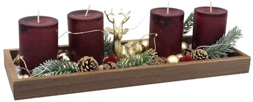ZauberDeko Adventsgesteck Weihnachten Deko Tablett Holz Hirsch Gold Bordeaux Lichterkette 40cm