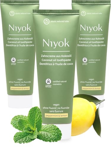 Niyok Zahncreme Pfefferminze & Zitrone 3 x 75 ml | Fluoridfreie Zahnpasta mit Bio-Kokosöl, Xylit und Kreide für ein frisches Mundgefühl