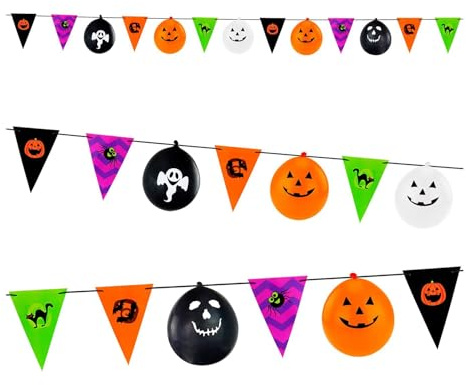 W WIDMANN MILANO Party Fashion 51941 - Halloween-Girlande mit Wimpeln und Ballons, circa 3,6 m, Dekoration, Wimpelkette, Wanddekoration, Halloweenparty, Kindergeburtstag, Mottoparty